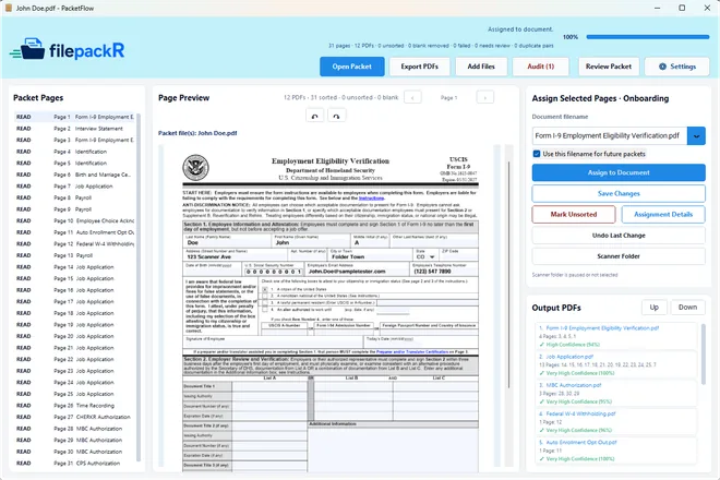 filepackR interface with the Form I-9 document filename selected