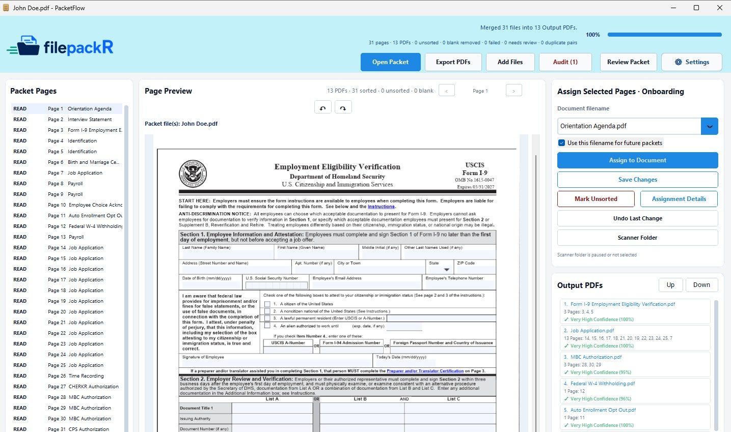 filepackR interface showing a document packet sorted into 13 output PDFs