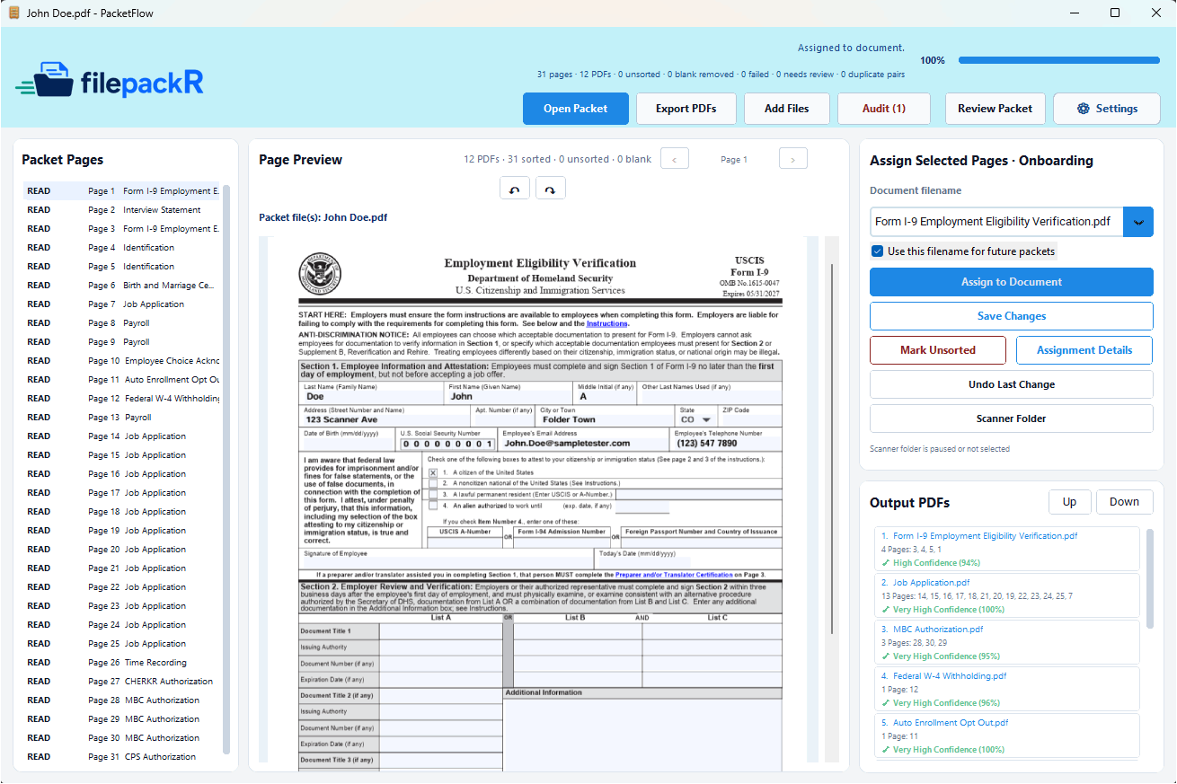 filepackR interface with the Form I-9 document filename selected
